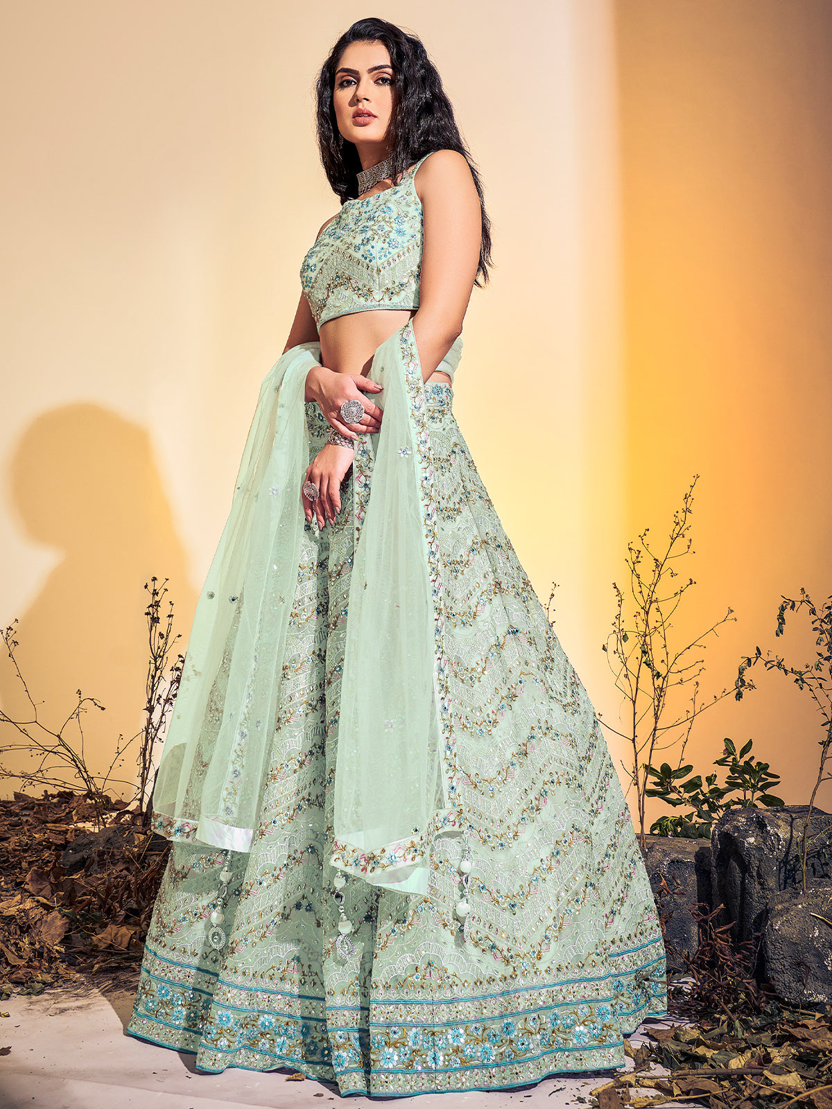 Classic Sea Green Soft Net Thread Work Stitched Lehenga Choli Set Clothsvilla