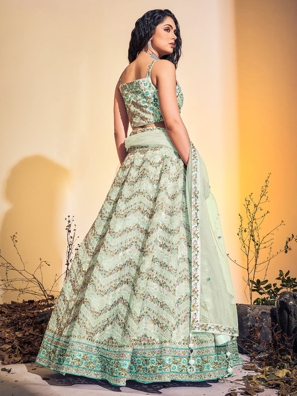 Classic Sea Green Soft Net Thread Work Stitched Lehenga Choli Set Clothsvilla