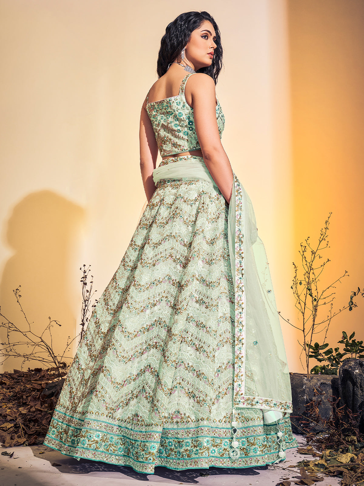 Classic Sea Green Soft Net Thread Work Stitched Lehenga Choli Set Clothsvilla