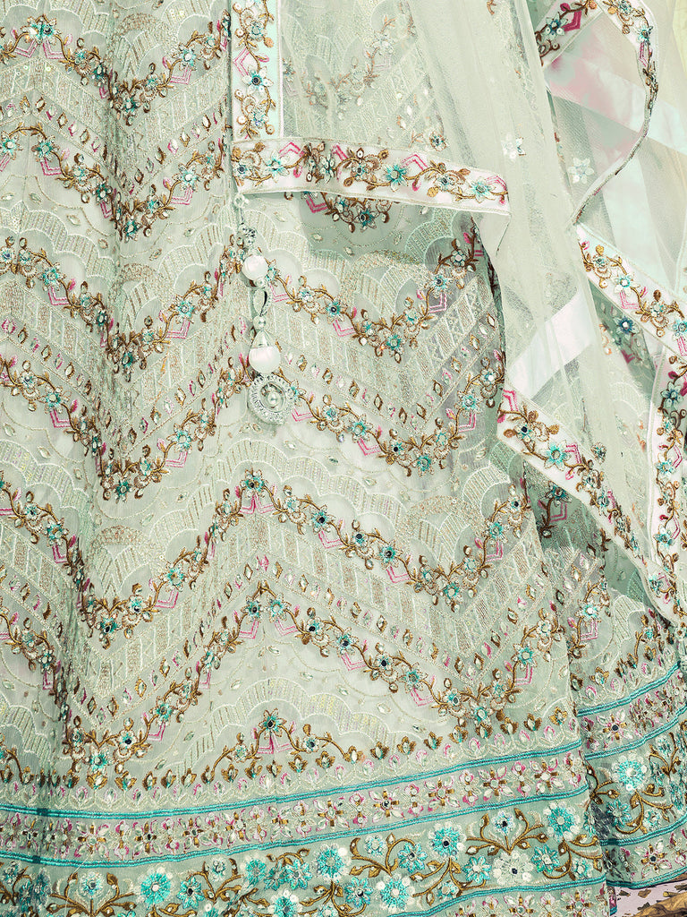 Classic Sea Green Soft Net Thread Work Stitched Lehenga Choli Set Clothsvilla