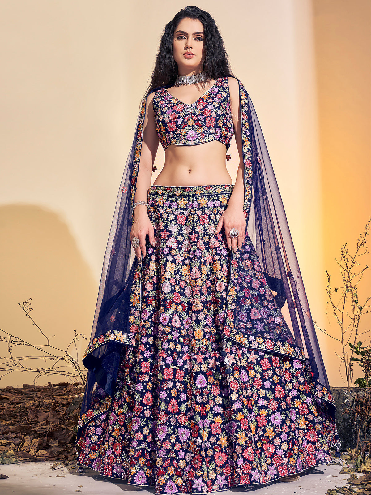 Stunning Navy Blue Soft Net Thread Work Stitched Lehenga Choli Set Clothsvilla Main image
