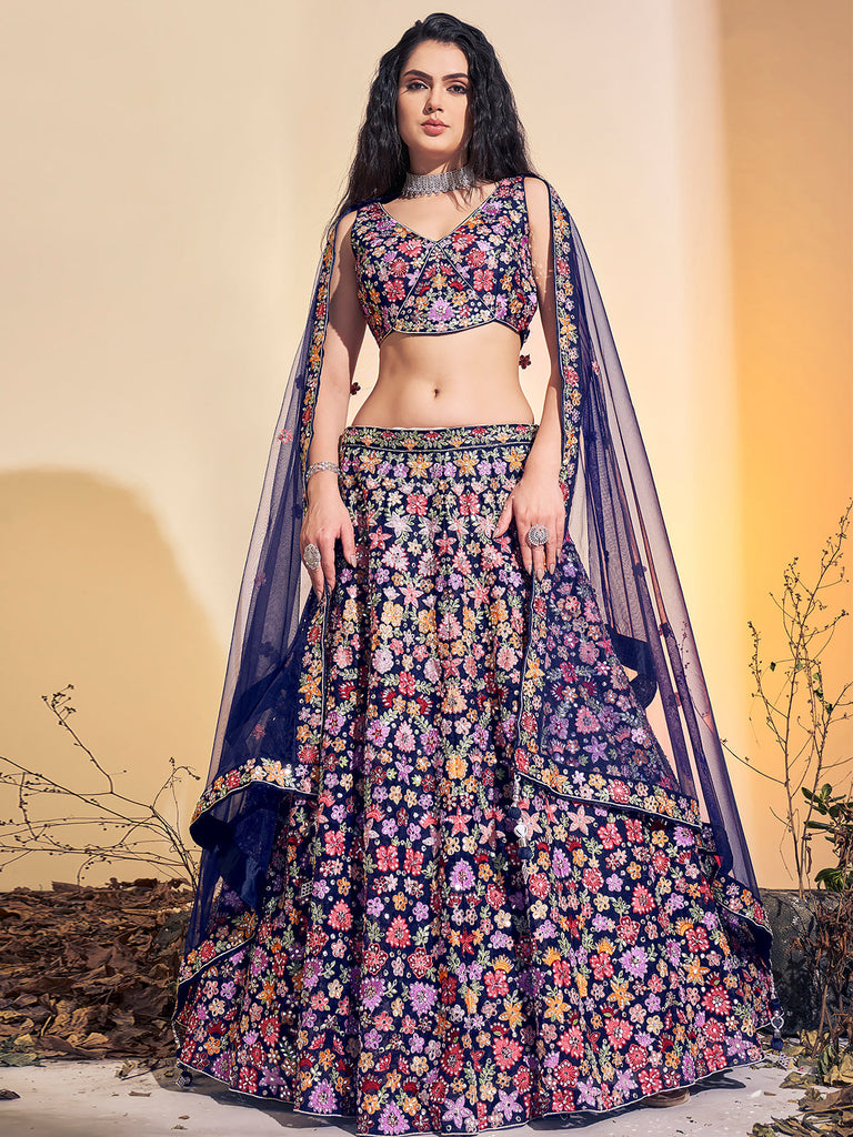 Stunning Navy Blue Soft Net Thread Work Stitched Lehenga Choli Set Clothsvilla