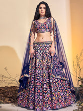 Load image into Gallery viewer, Stunning Navy Blue Soft Net Thread Work Stitched Lehenga Choli Set Clothsvilla