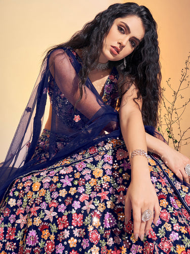 Stunning Navy Blue Soft Net Thread Work Stitched Lehenga Choli Set Clothsvilla