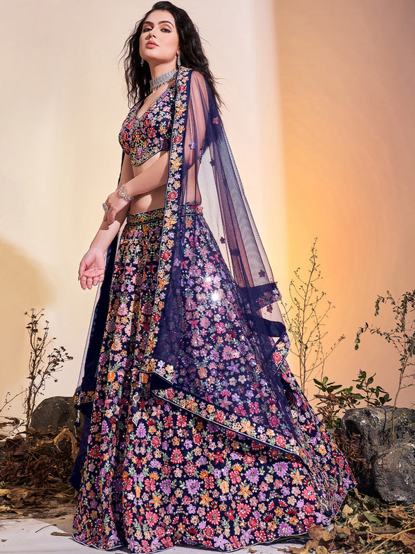 Stunning Navy Blue Soft Net Thread Work Stitched Lehenga Choli Set Clothsvilla