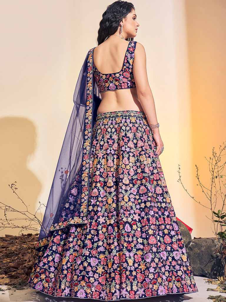 Stunning Navy Blue Soft Net Thread Work Stitched Lehenga Choli Set Clothsvilla