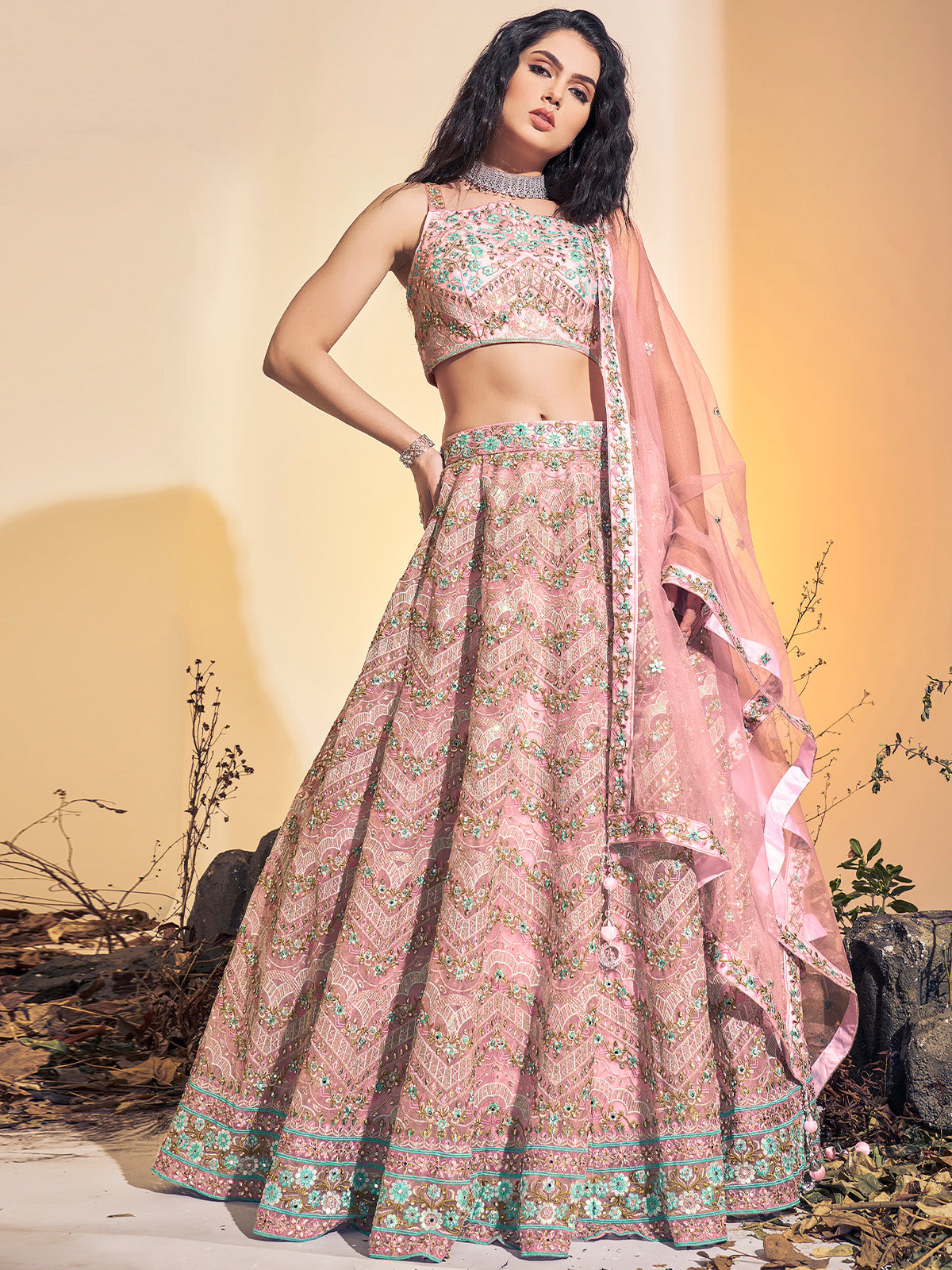 Designer Pink Soft Net Thread Work Stitched Lehenga Choli Set Clothsvilla