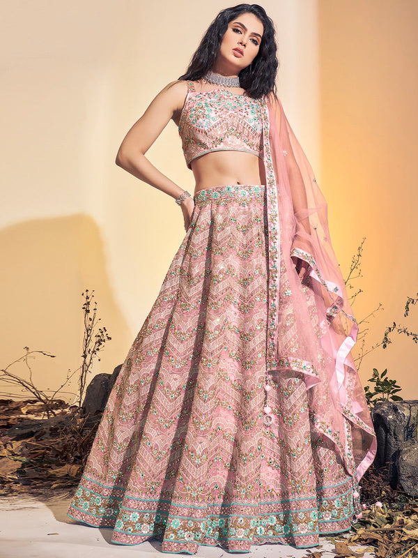 Designer Pink Soft Net Thread Work Stitched Lehenga Choli Set Clothsvilla