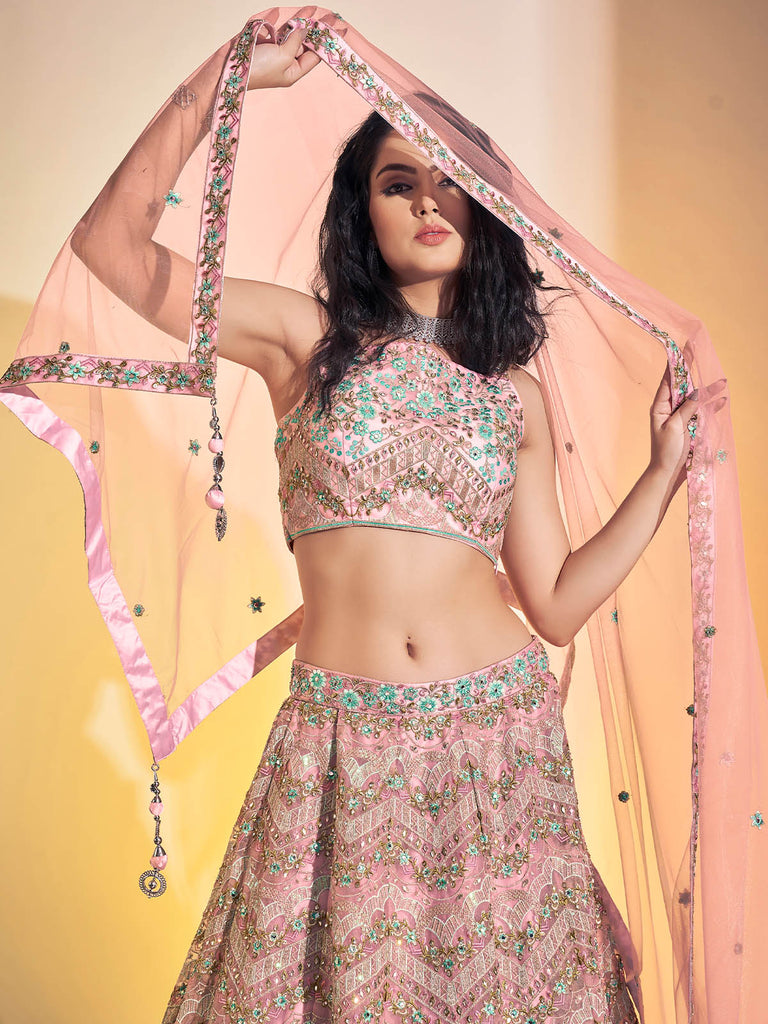 Designer Pink Soft Net Thread Work Stitched Lehenga Choli Set Clothsvilla