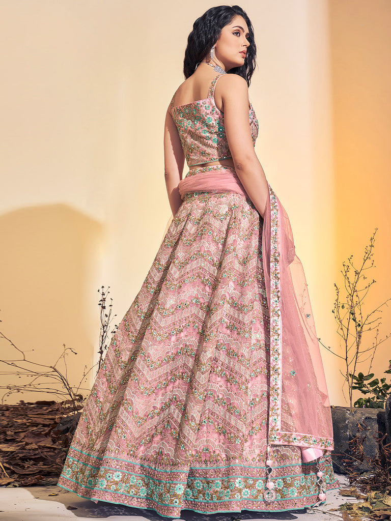 Designer Pink Soft Net Thread Work Stitched Lehenga Choli Set Clothsvilla