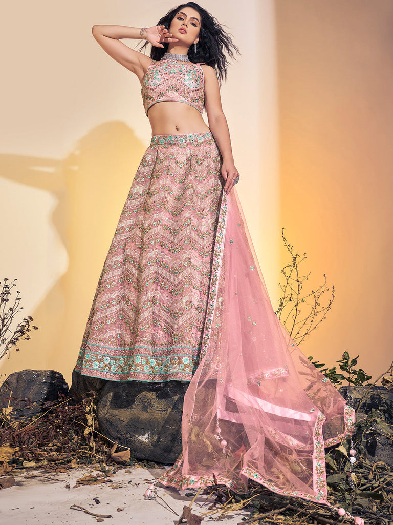 Designer Pink Soft Net Thread Work Stitched Lehenga Choli Set Clothsvilla