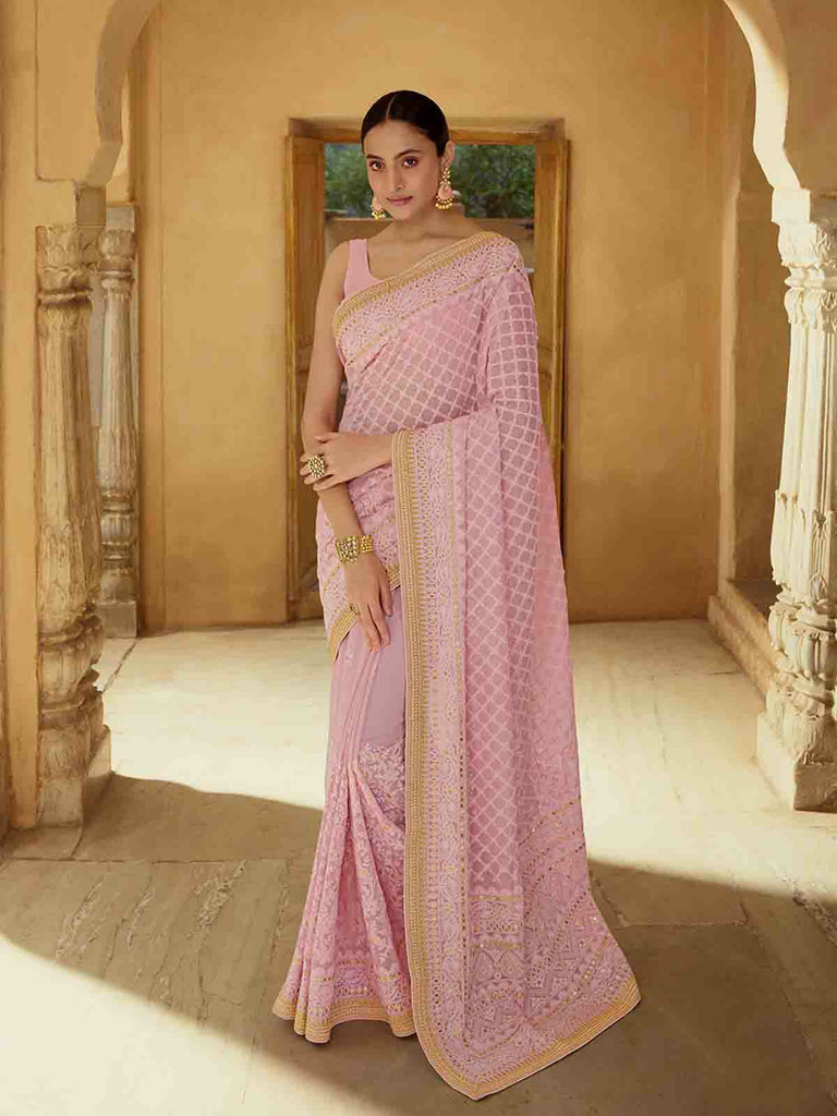 Pink Georgette Saree With Unstitched Blouse Clothsvilla