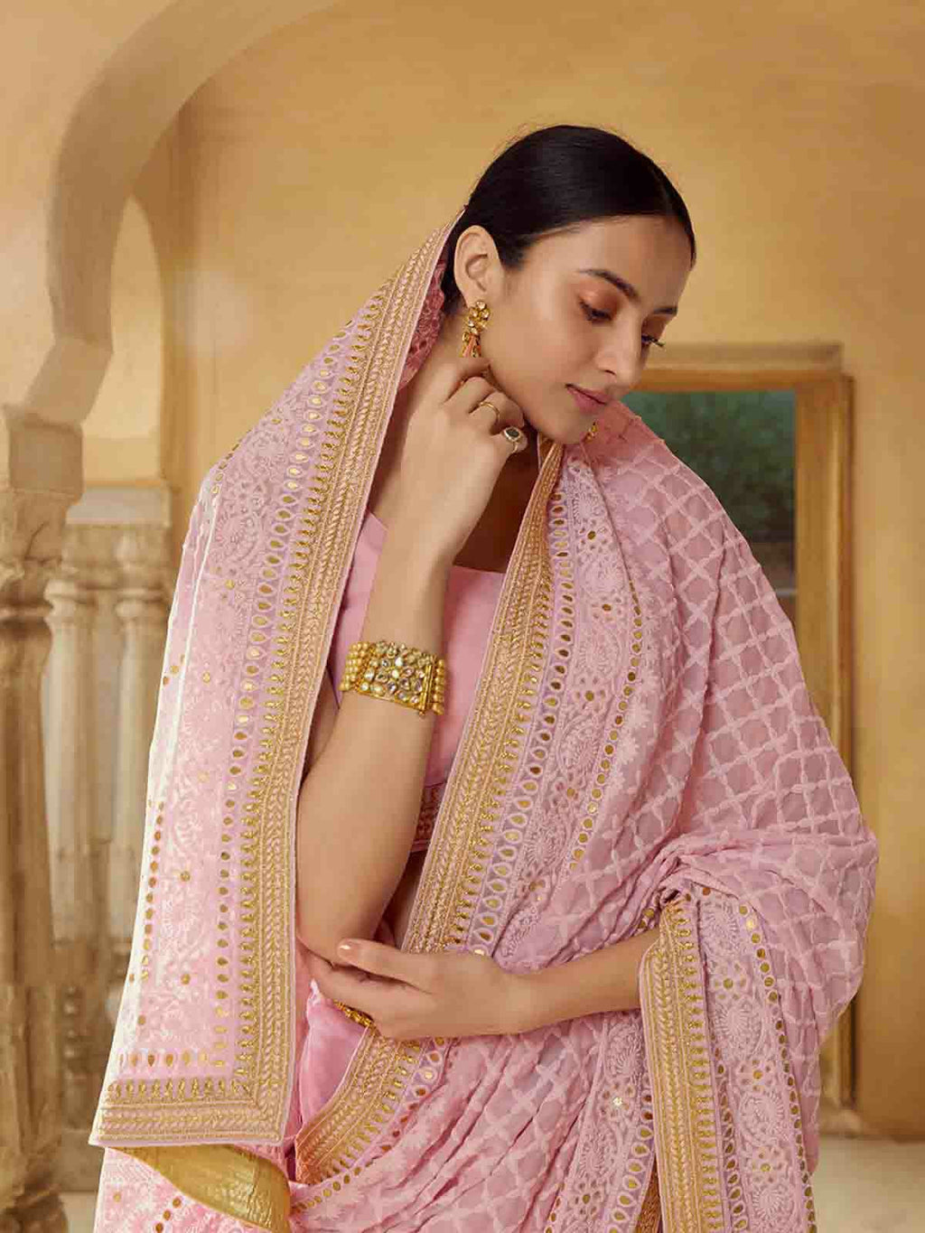 Pink Georgette Saree With Unstitched Blouse Clothsvilla