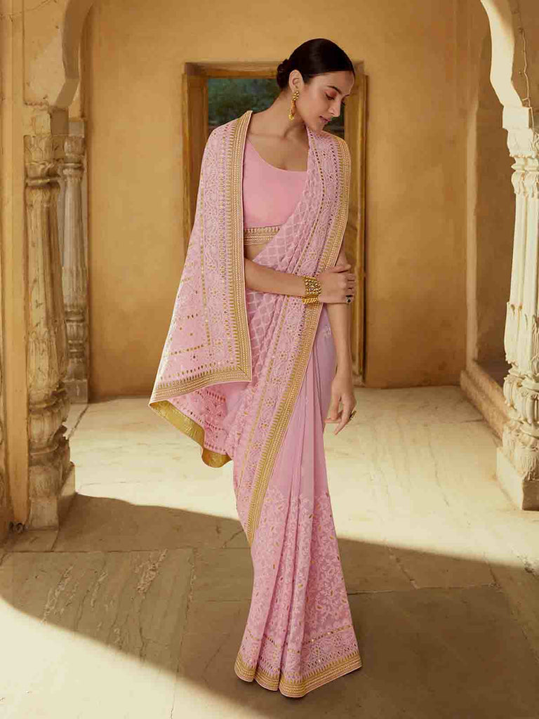 Pink Georgette Saree With Unstitched Blouse Clothsvilla