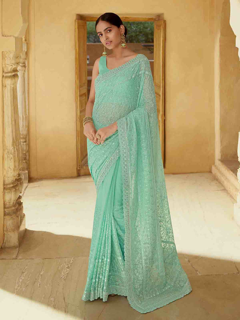 Sea Green Georgette Saree With Unstitched Blouse Clothsvilla