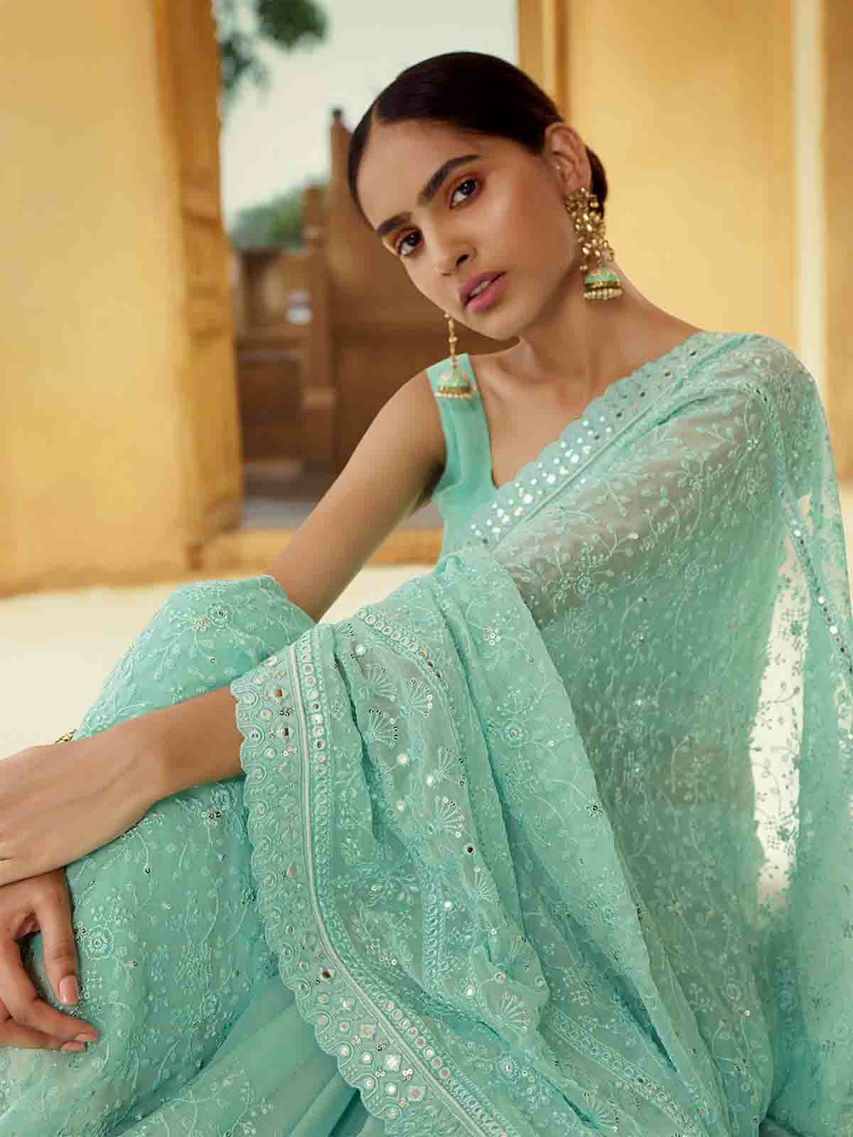 Sea Green Georgette Saree With Unstitched Blouse Clothsvilla