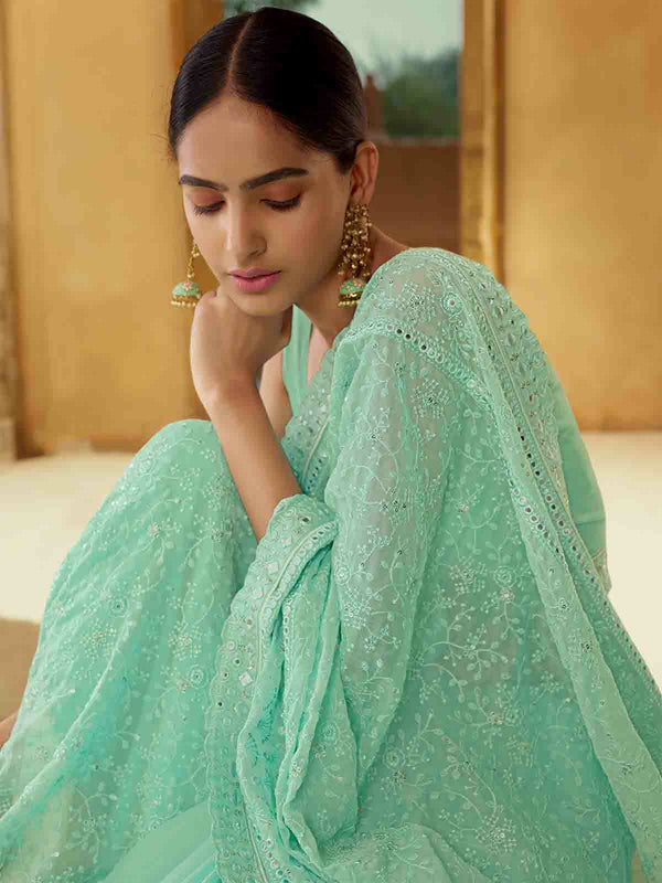 Sea Green Georgette Saree With Unstitched Blouse Clothsvilla