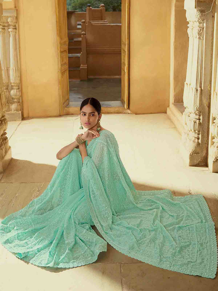 Sea Green Georgette Saree With Unstitched Blouse Clothsvilla