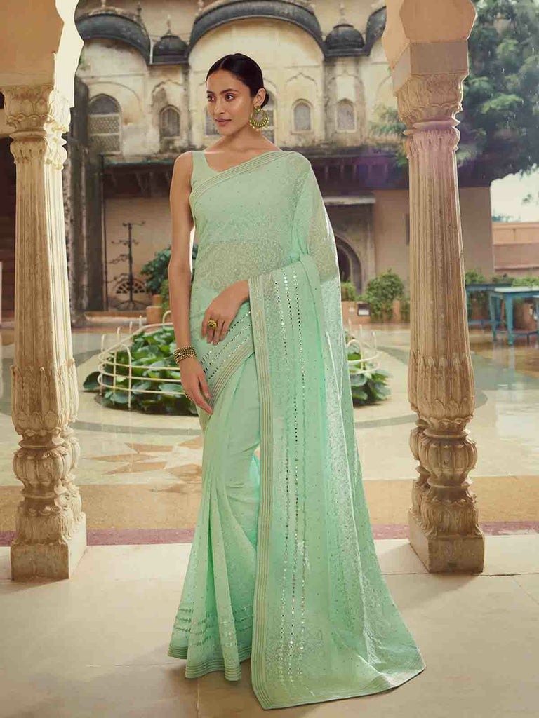 Green Georgette Saree With Unstitched Blouse Clothsvilla