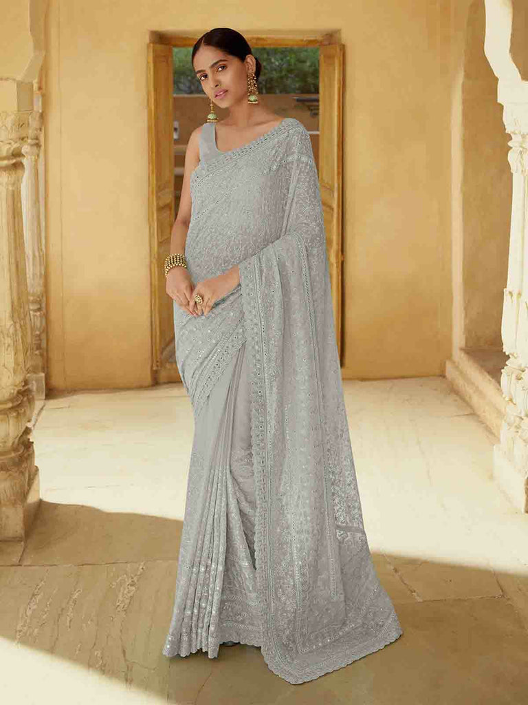 Grey Georgette Saree With Unstitched Blouse Clothsvilla