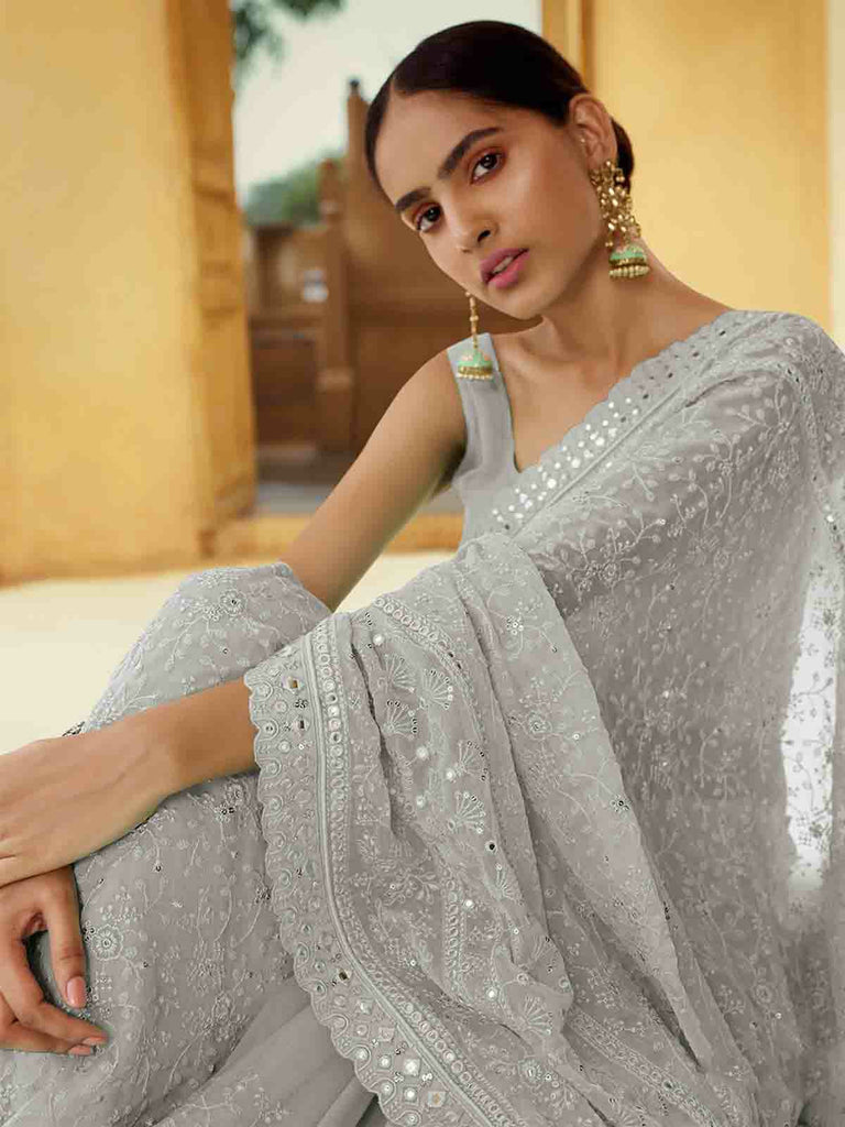 Grey Georgette Saree With Unstitched Blouse Clothsvilla