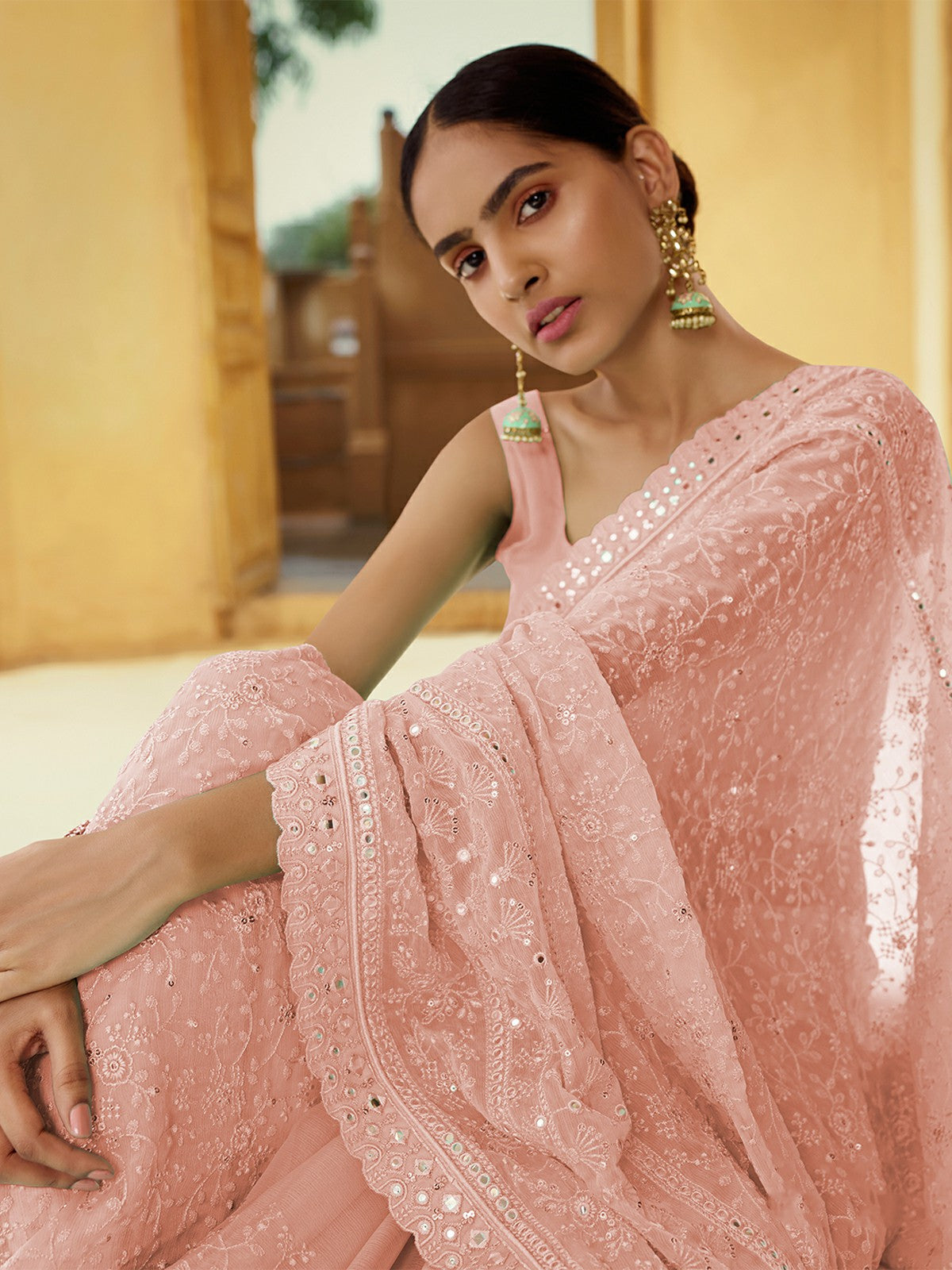 Pink Georgette Saree With Unstitched Blouse Clothsvilla
