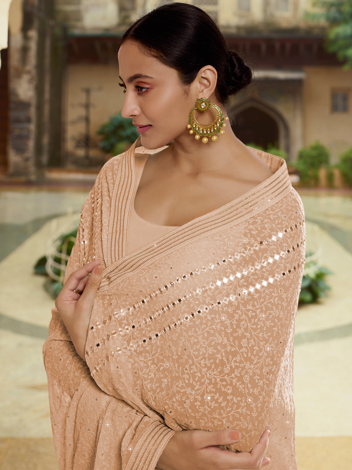 Beige Georgette Saree With Unstitched Blouse Clothsvilla