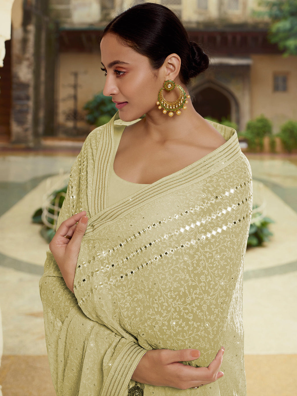 Olive Georgette Saree With Unstitched Blouse Clothsvilla