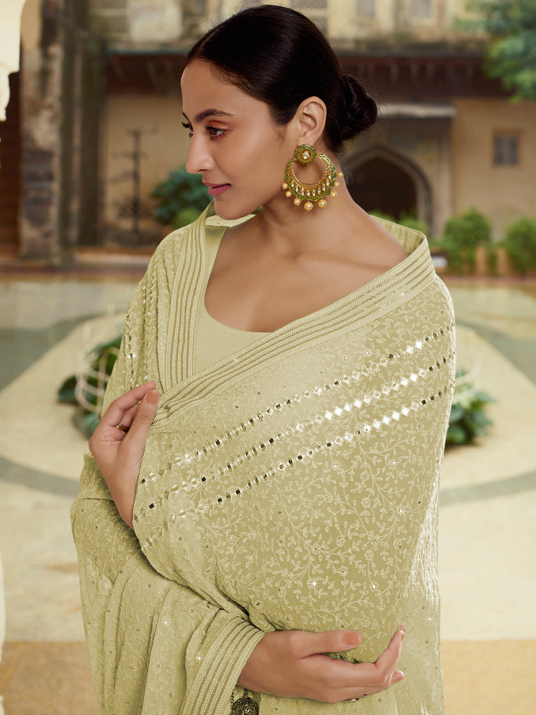 Olive Georgette Saree With Unstitched Blouse Clothsvilla