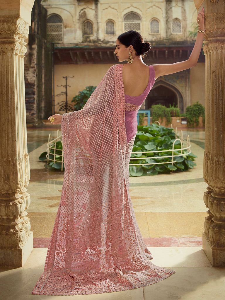 Pink Soft Net Saree With Unstitched Blouse Clothsvilla