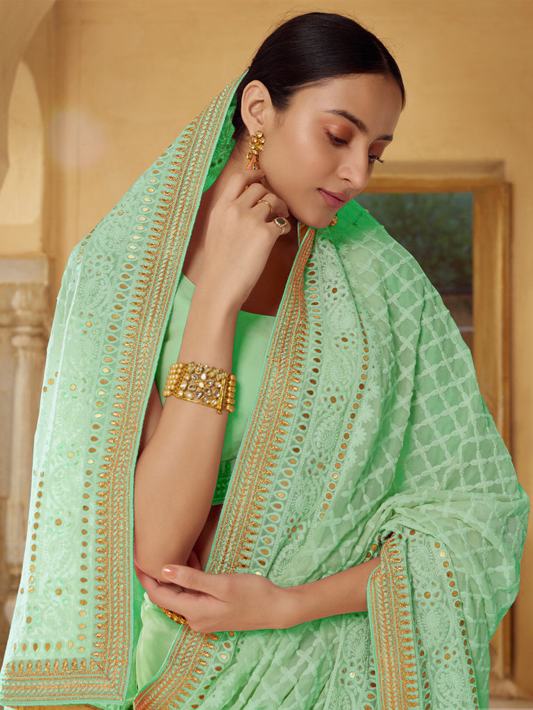 Sea Green Georgette Saree With Unstitched Blouse Clothsvilla