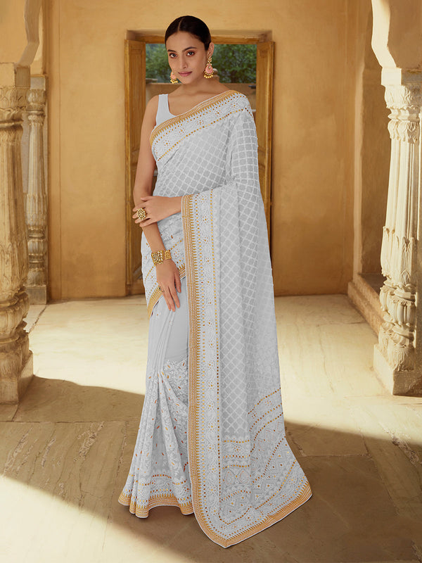 Grey Georgette Saree With Unstitched Blouse Clothsvilla