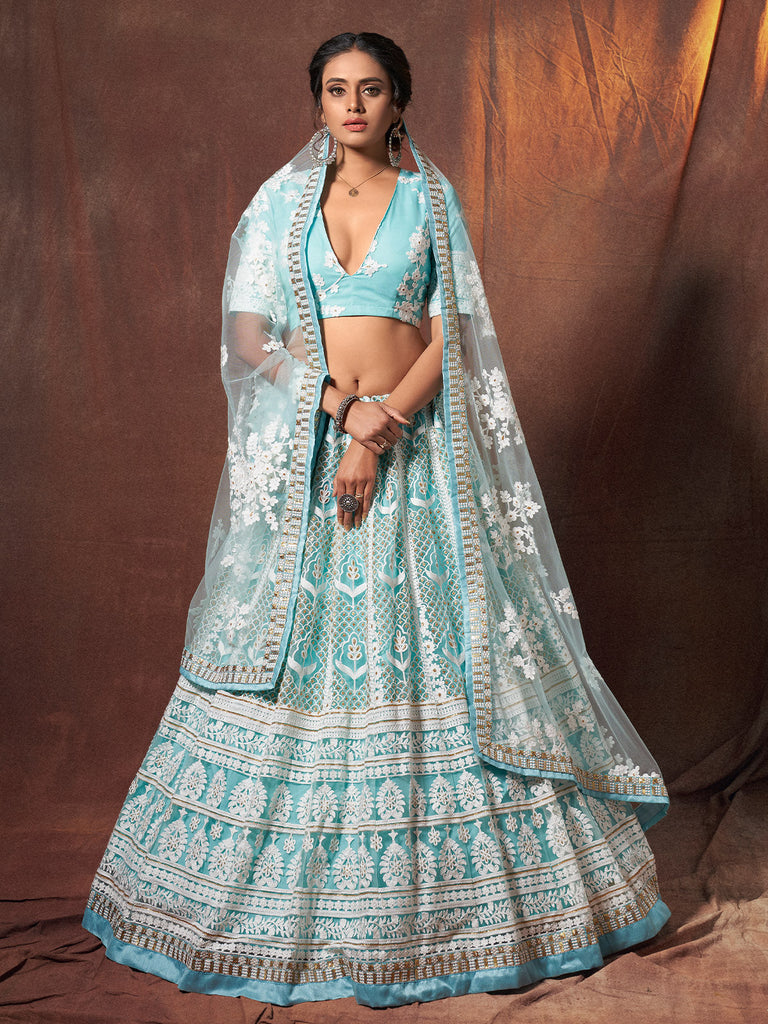 Blue Resham, Sequins Semi Stitched Lehenga With Unstitched Blouse Clothsvilla