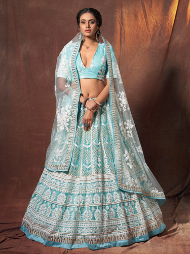 Blue Resham, Sequins Semi Stitched Lehenga With Unstitched Blouse Clothsvilla