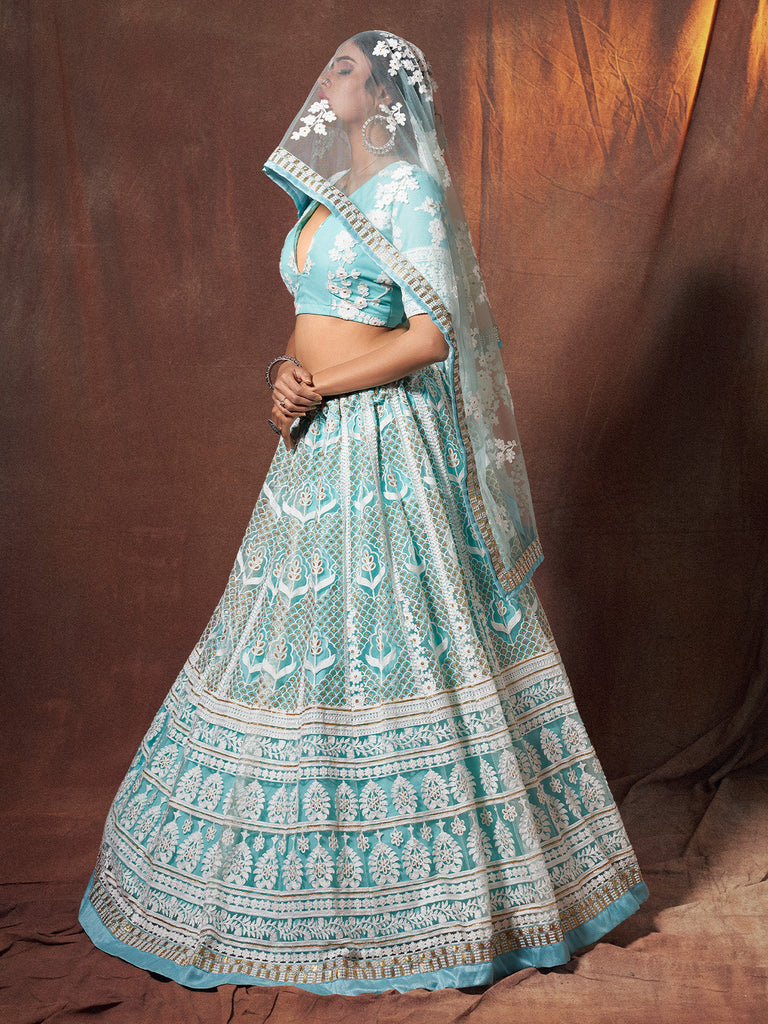 Blue Resham, Sequins Semi Stitched Lehenga With Unstitched Blouse Clothsvilla