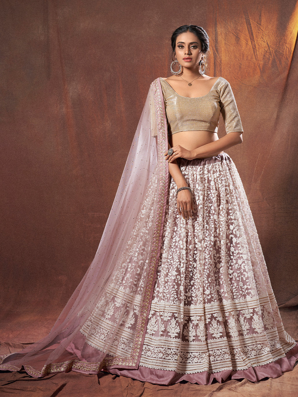 Lilac Thread, Zari Semi Stitched Lehenga With Unstitched Blouse Clothsvilla