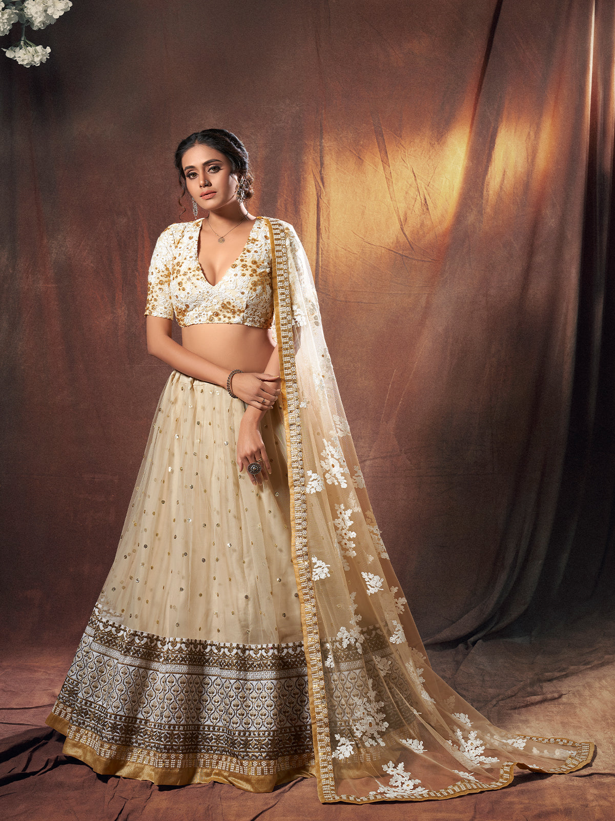 Beige Resham, Zari, Sequins Semi Stitched Lehenga With Unstitched Blouse Clothsvilla