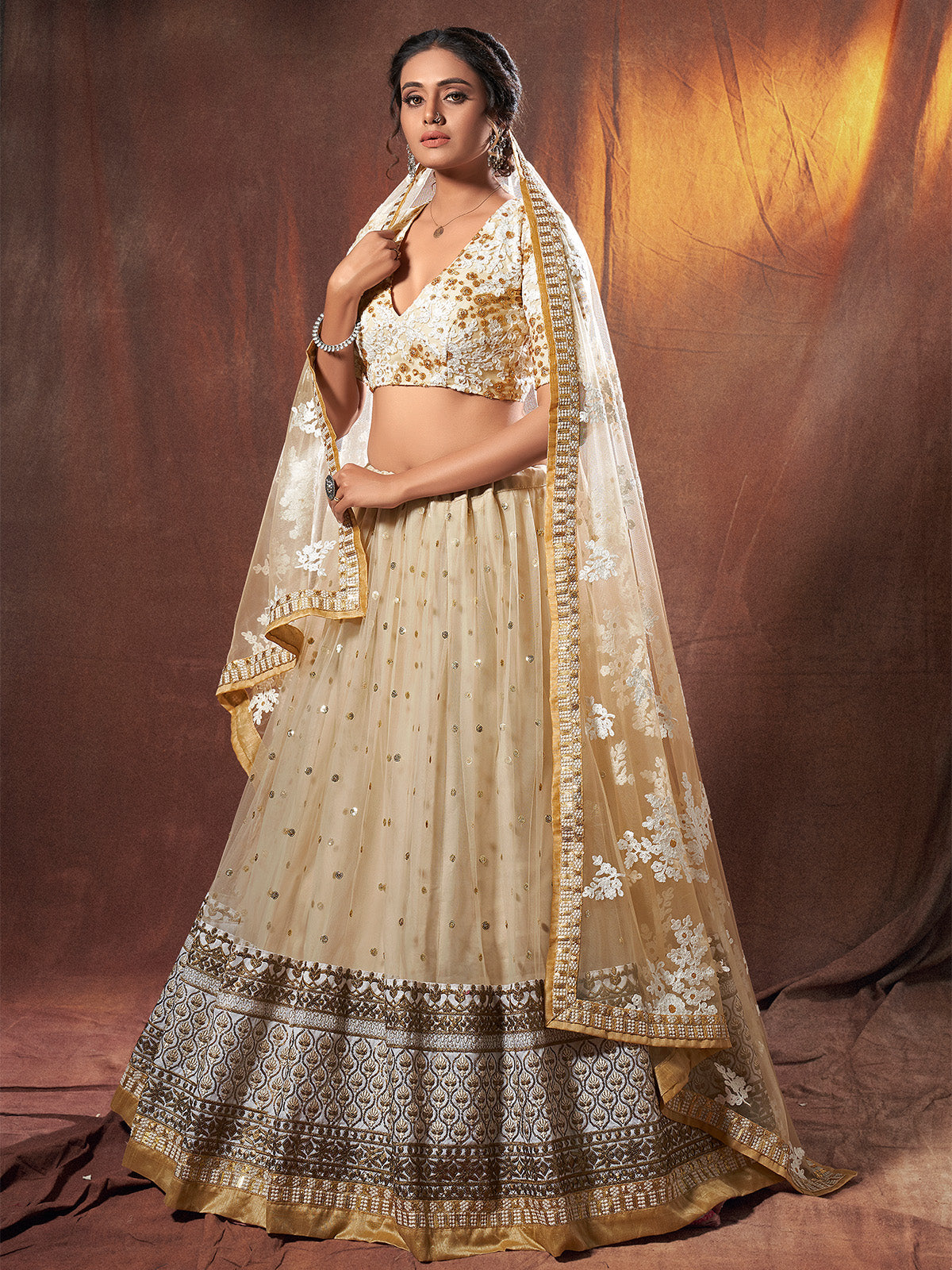 Beige Resham, Zari, Sequins Semi Stitched Lehenga With Unstitched Blouse Clothsvilla