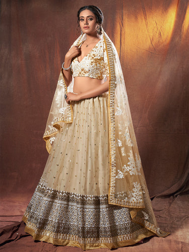 Beige Resham, Zari, Sequins Semi Stitched Lehenga With Unstitched Blouse Clothsvilla
