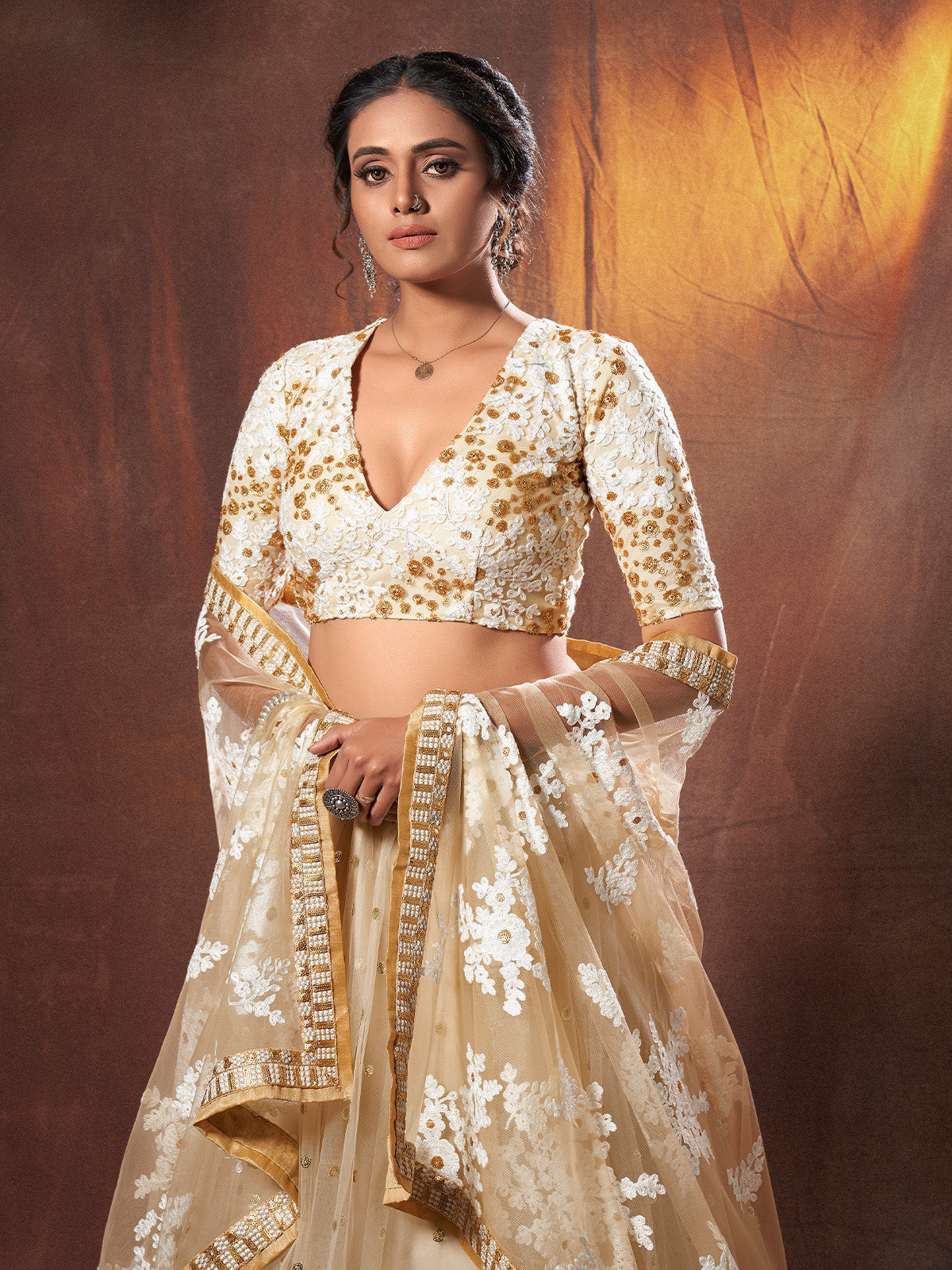 Beige Resham, Zari, Sequins Semi Stitched Lehenga With Unstitched Blouse Clothsvilla