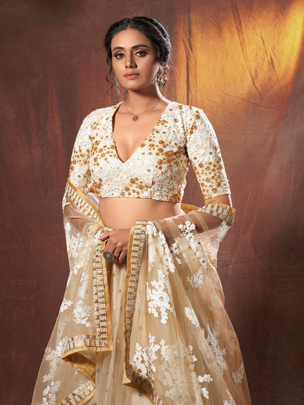 Beige Resham, Zari, Sequins Semi Stitched Lehenga With Unstitched Blouse Clothsvilla