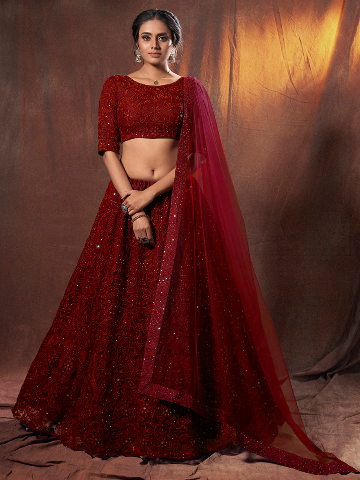 Maroon Sequins, Thread Semi Stitched Lehenga With Unstitched Blouse Clothsvilla