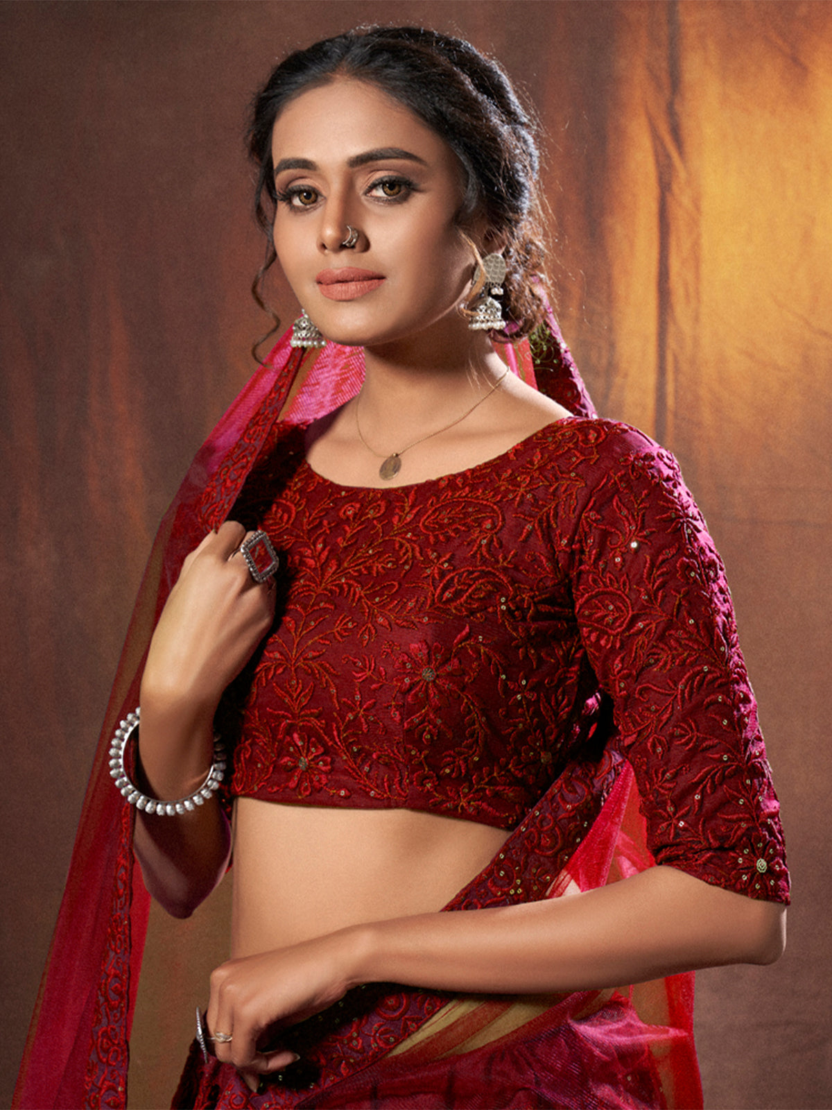 Maroon Sequins, Thread Semi Stitched Lehenga With Unstitched Blouse Clothsvilla