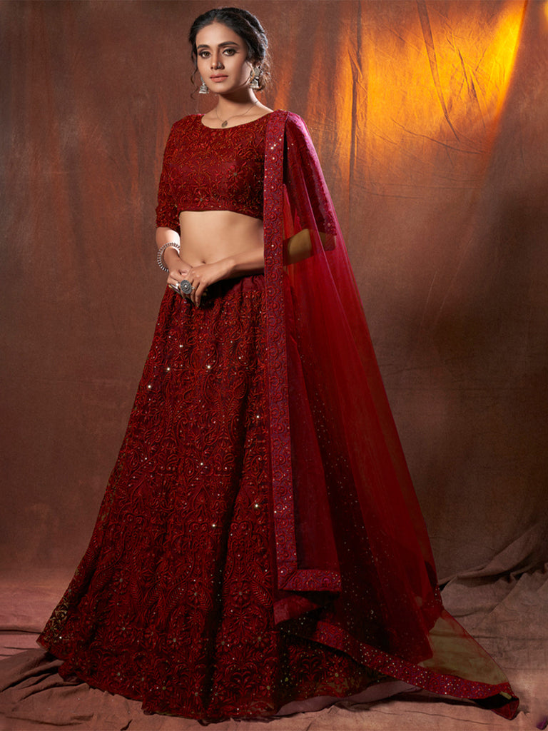 Maroon Sequins, Thread Semi Stitched Lehenga With Unstitched Blouse Clothsvilla