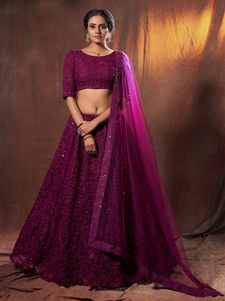 Purple Sequins, Thread Semi Stitched Lehenga With Unstitched Blouse Clothsvilla