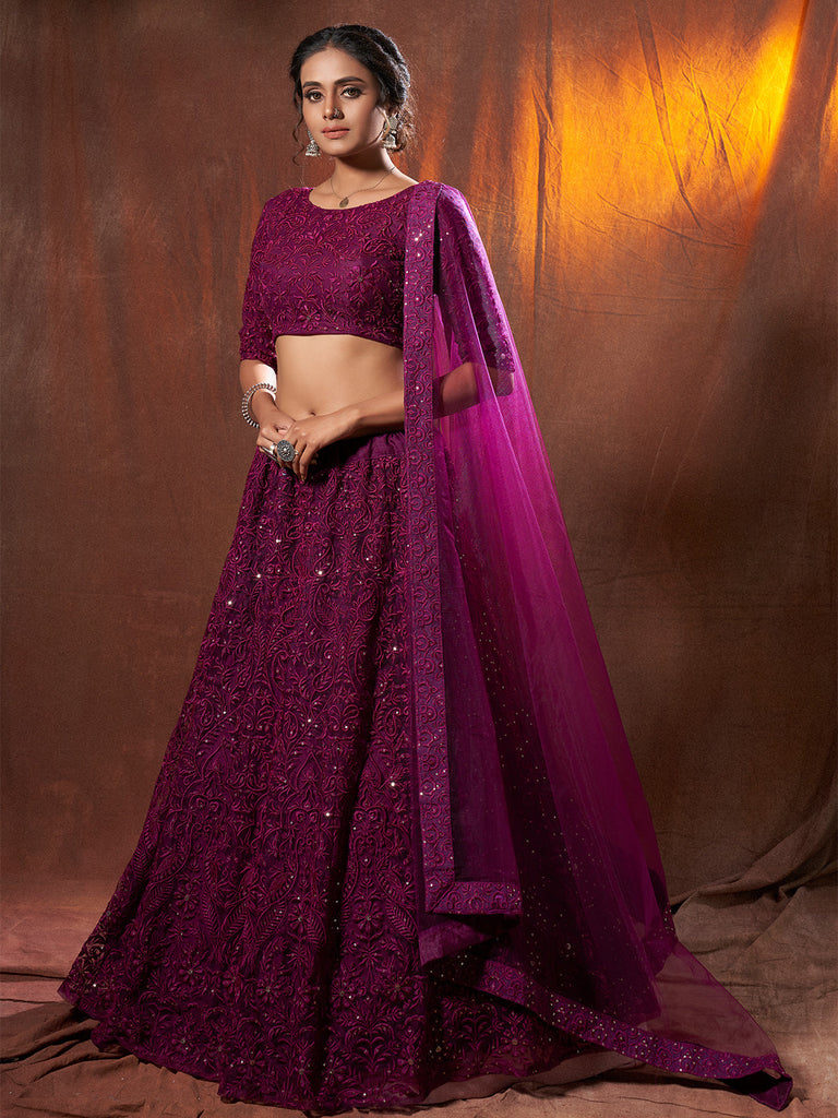 Purple Sequins, Thread Semi Stitched Lehenga With Unstitched Blouse Clothsvilla