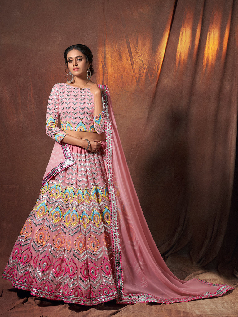 Pink Embroidered Georgette Semi Stitched Lehenga With Unstitched Blouse Clothsvilla