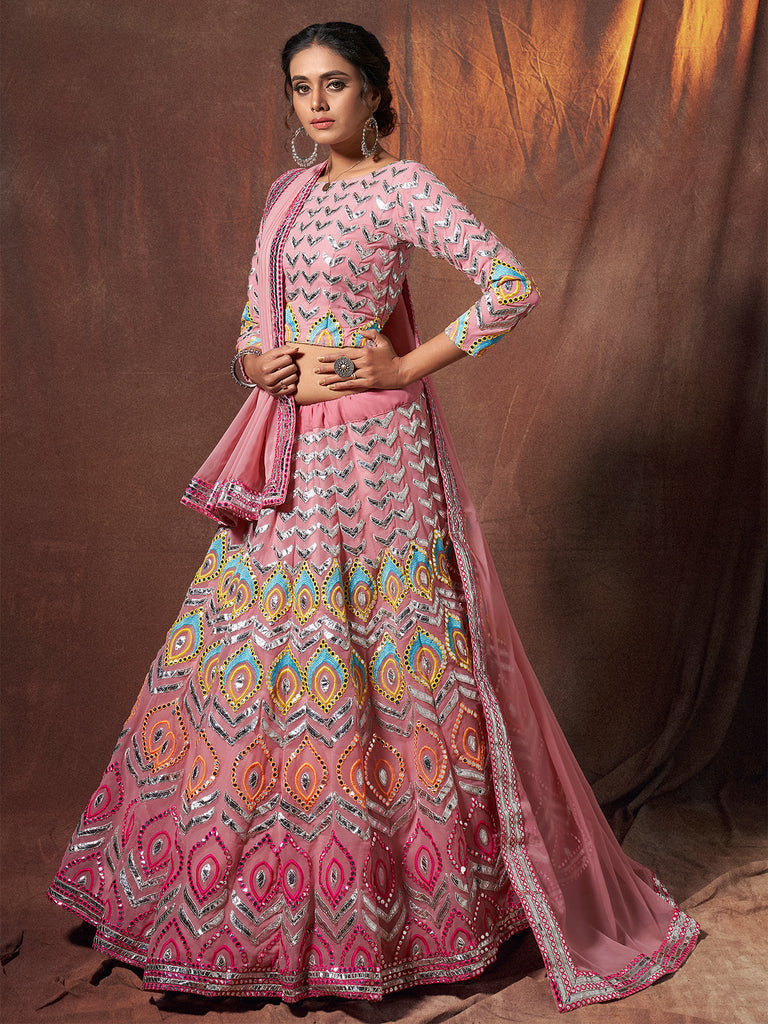 Pink Embroidered Georgette Semi Stitched Lehenga With Unstitched Blouse Clothsvilla