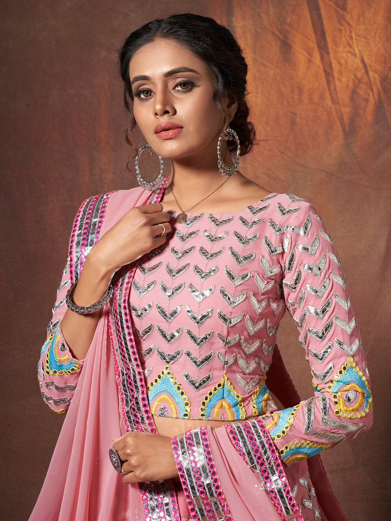 Pink Embroidered Georgette Semi Stitched Lehenga With Unstitched Blouse Clothsvilla