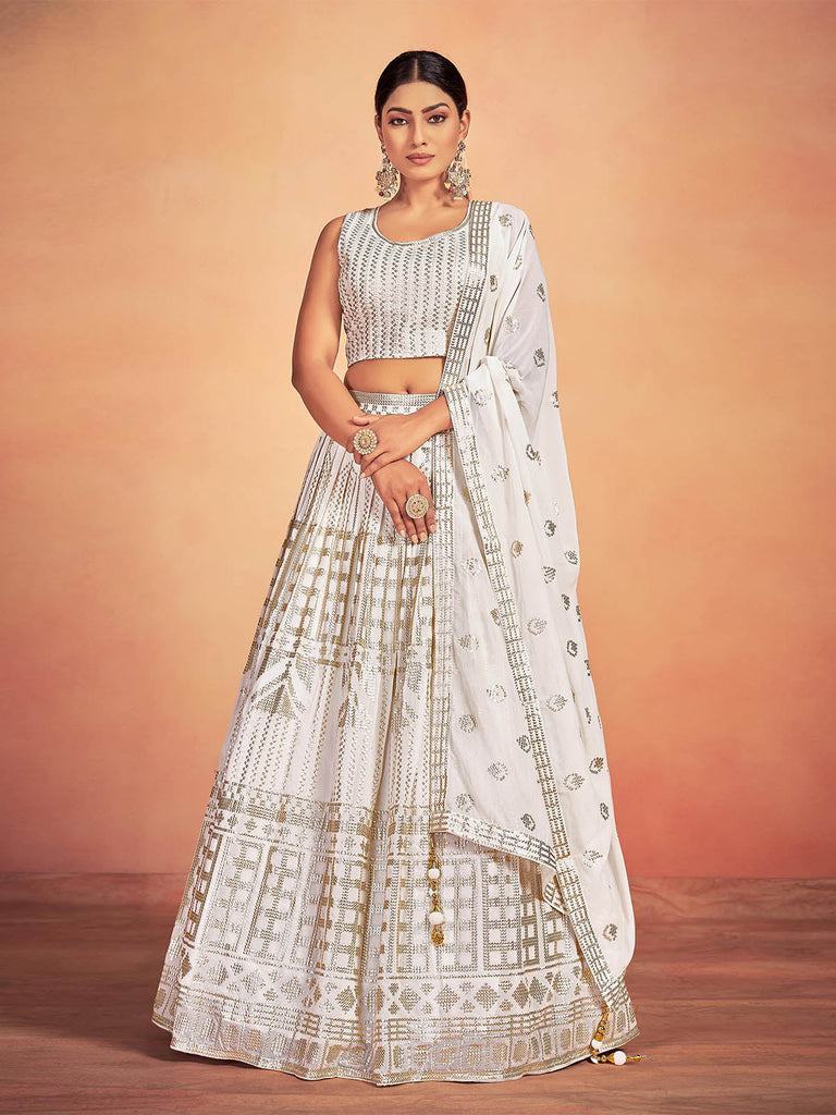 White Georgette Sequins Stitched Lehenga Choli Clothsvilla